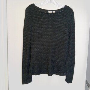 Vintage 90's  Black Silky Crochet Sequin Boat Neck Long Sleeve Top Sz M